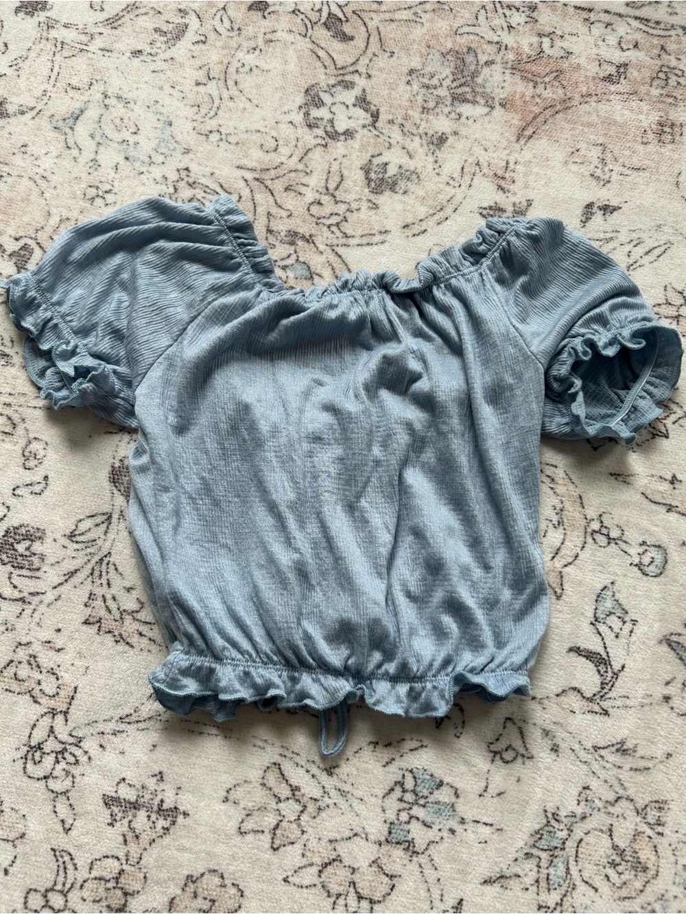 Discreet - Dusty Blue Ruched Ruffle Off The Shoulder Crop Top - Picture 2 of 10